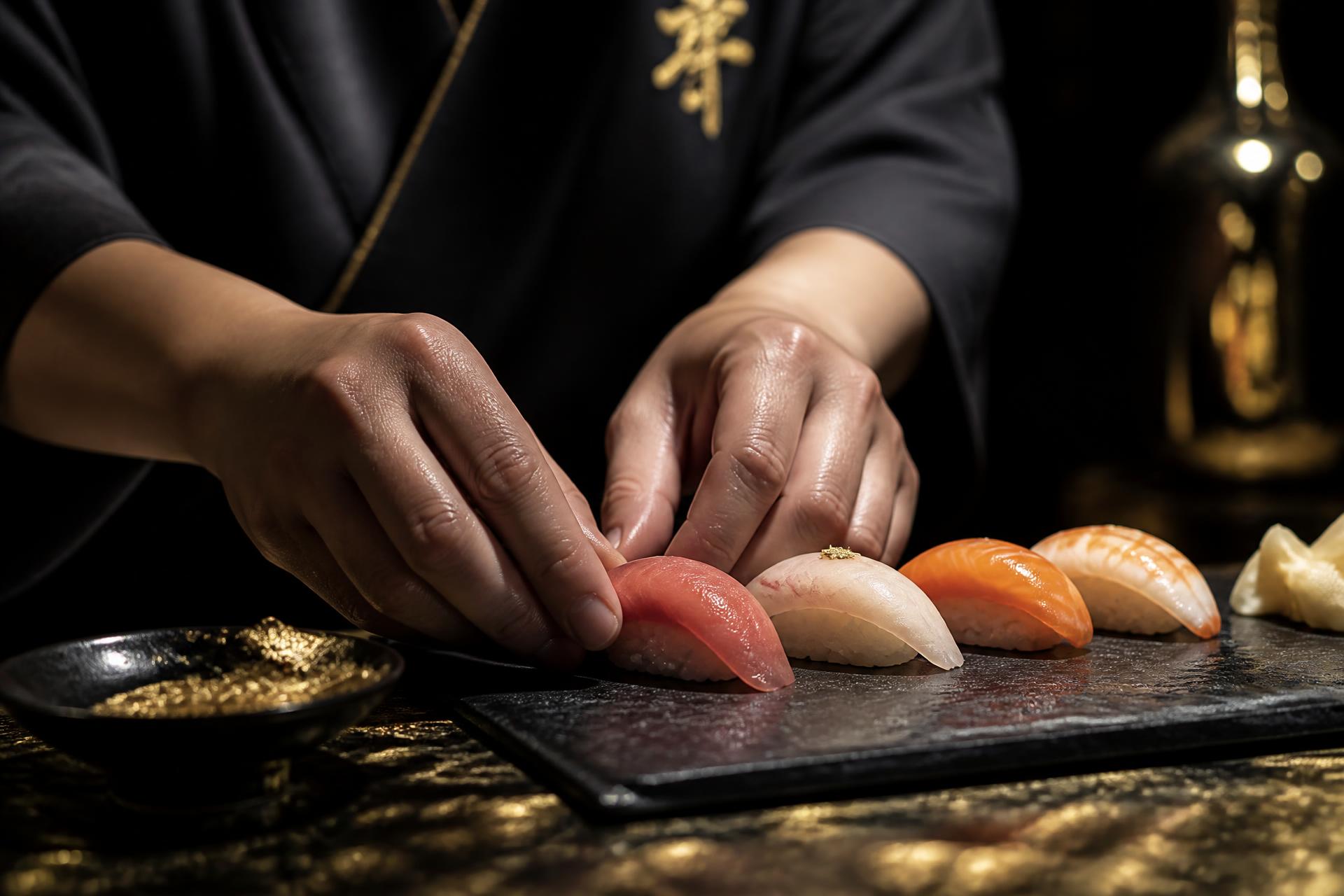 A sushi chef plating nigiri under warm light